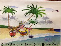 Humorous beach safety illustration with palm trees